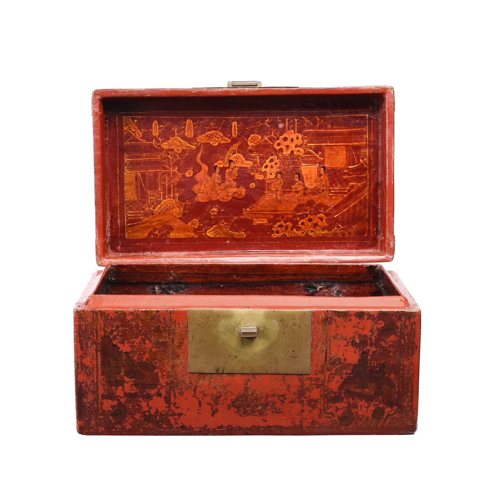 Gilt Red Lacquer Leather & Wood Document Box - Late 19thC