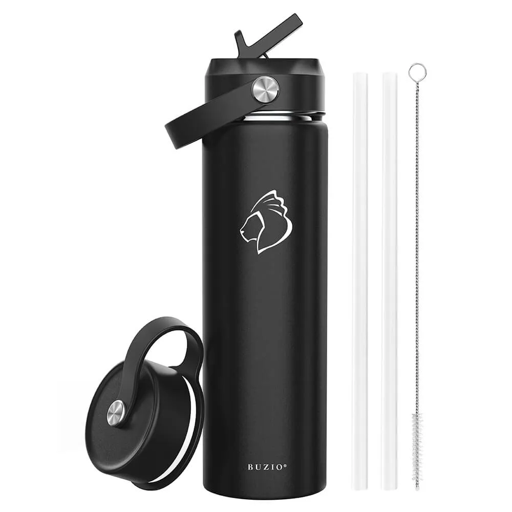 Insulated Water Bottle with 2 Lids | Black | 22oz