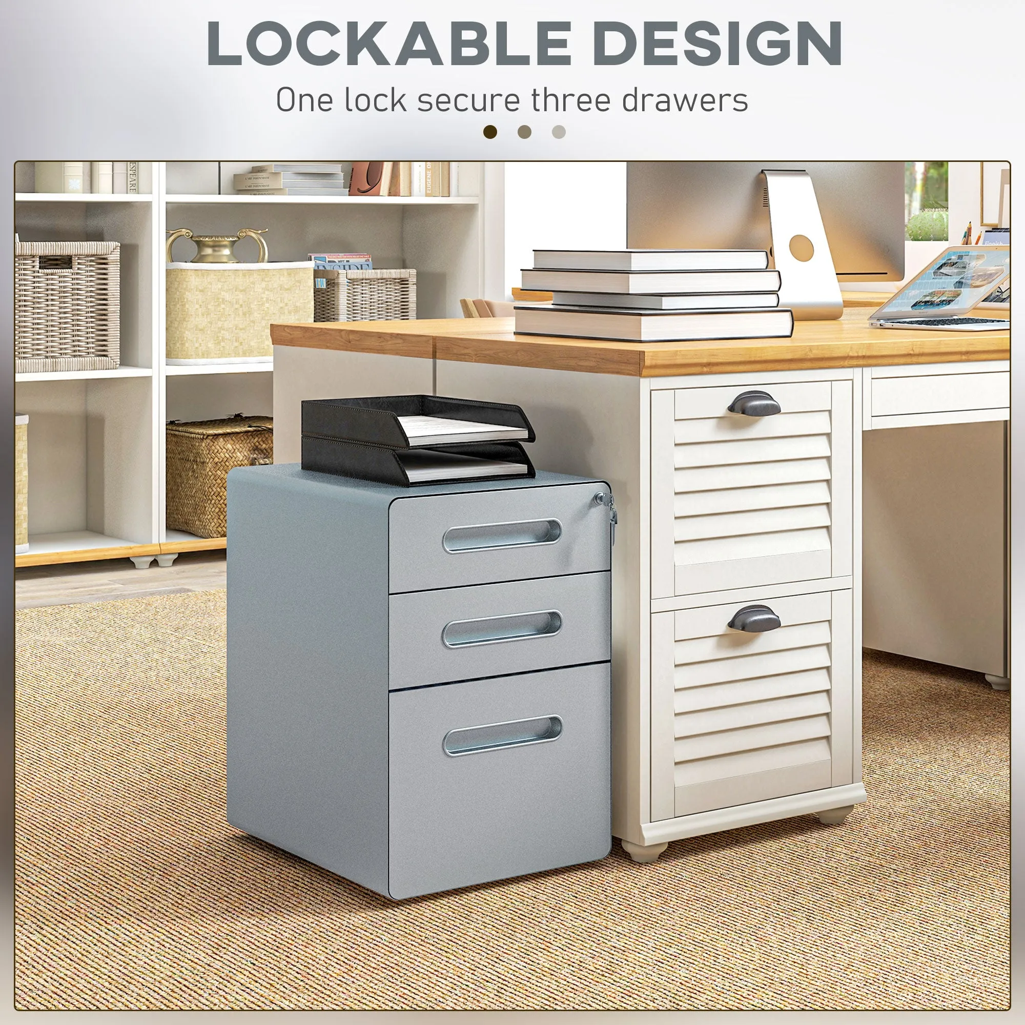 Lockable Cabinet, Rolling Filing Cabinet with 3 Drawers, Steel Office Drawer Unit for A4, Letter, Legal Sized Files