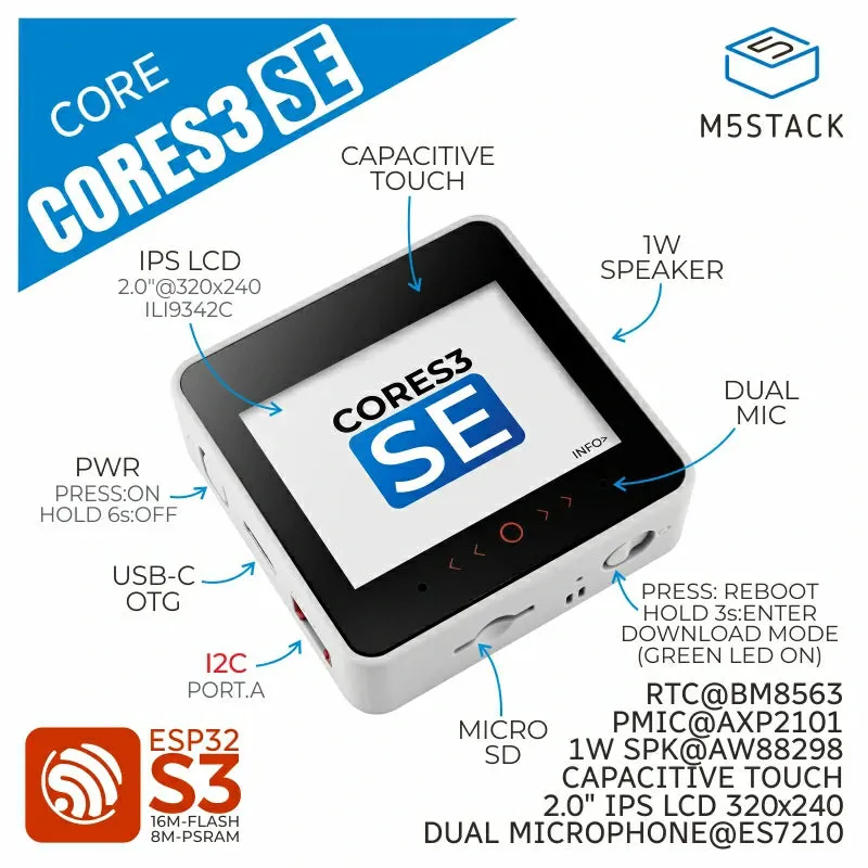 M5Stack CoreS3 SE IoT Controller w/o Battery Bottom