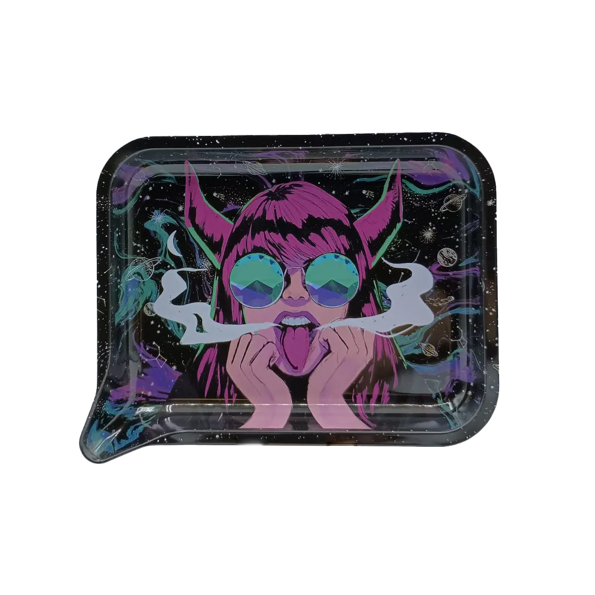 Medium Funnel Rolling Tray With 3D Lids (Galaxy Sunglasses Girl Smoking)