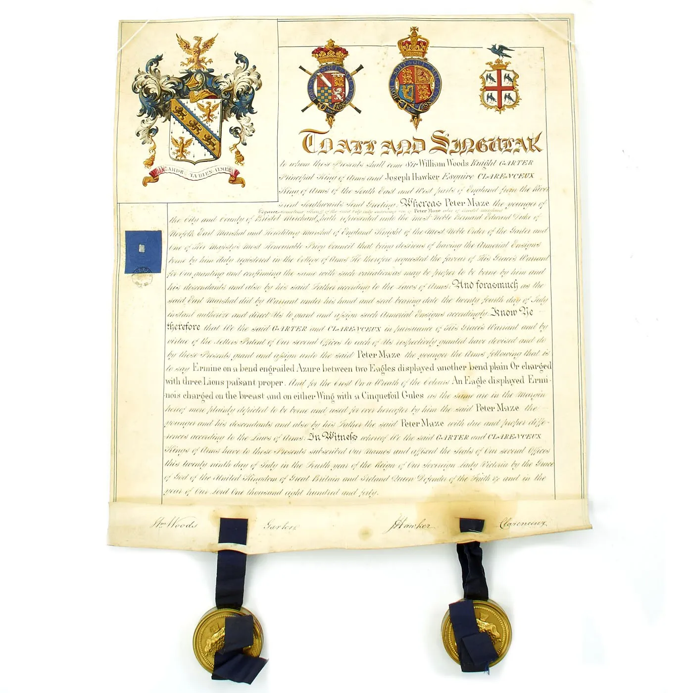 Original British 1840 Cased Arms Document Awarded by Queen Victoria to Peter Maze Esquire of Bristol