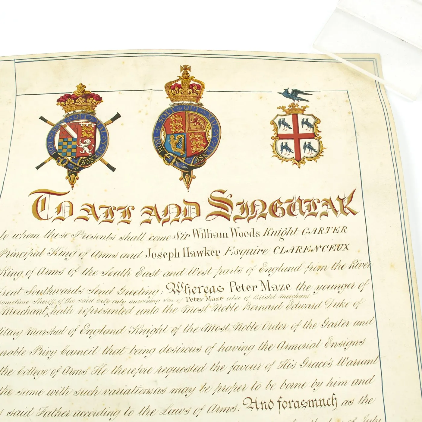 Original British 1840 Cased Arms Document Awarded by Queen Victoria to Peter Maze Esquire of Bristol