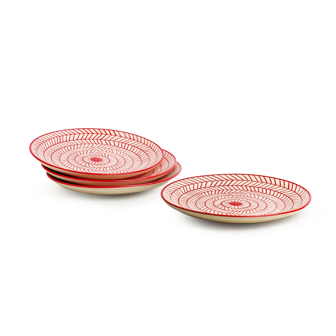 Red Chevrons' Hand-Painted Ceramic Dinner Plates (Set Of 4 | 25.4 cm | Microwave Safe)