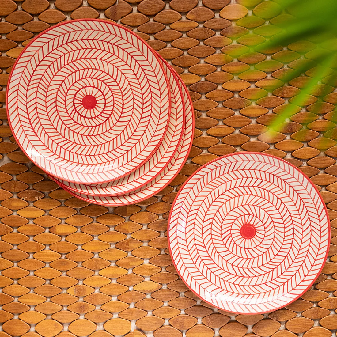 Red Chevrons' Hand-Painted Ceramic Dinner Plates (Set Of 4 | 25.4 cm | Microwave Safe)