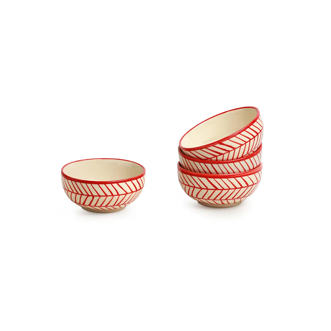 Red Chevrons' Hand-Painted Ceramic Dinner Plates With Dinner Katoris (8 Pieces | Serving for 4 | Microwave Safe)