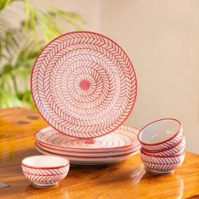 Red Chevrons' Hand-Painted Ceramic Dinner Plates With Dinner Katoris (8 Pieces | Serving for 4 | Microwave Safe)