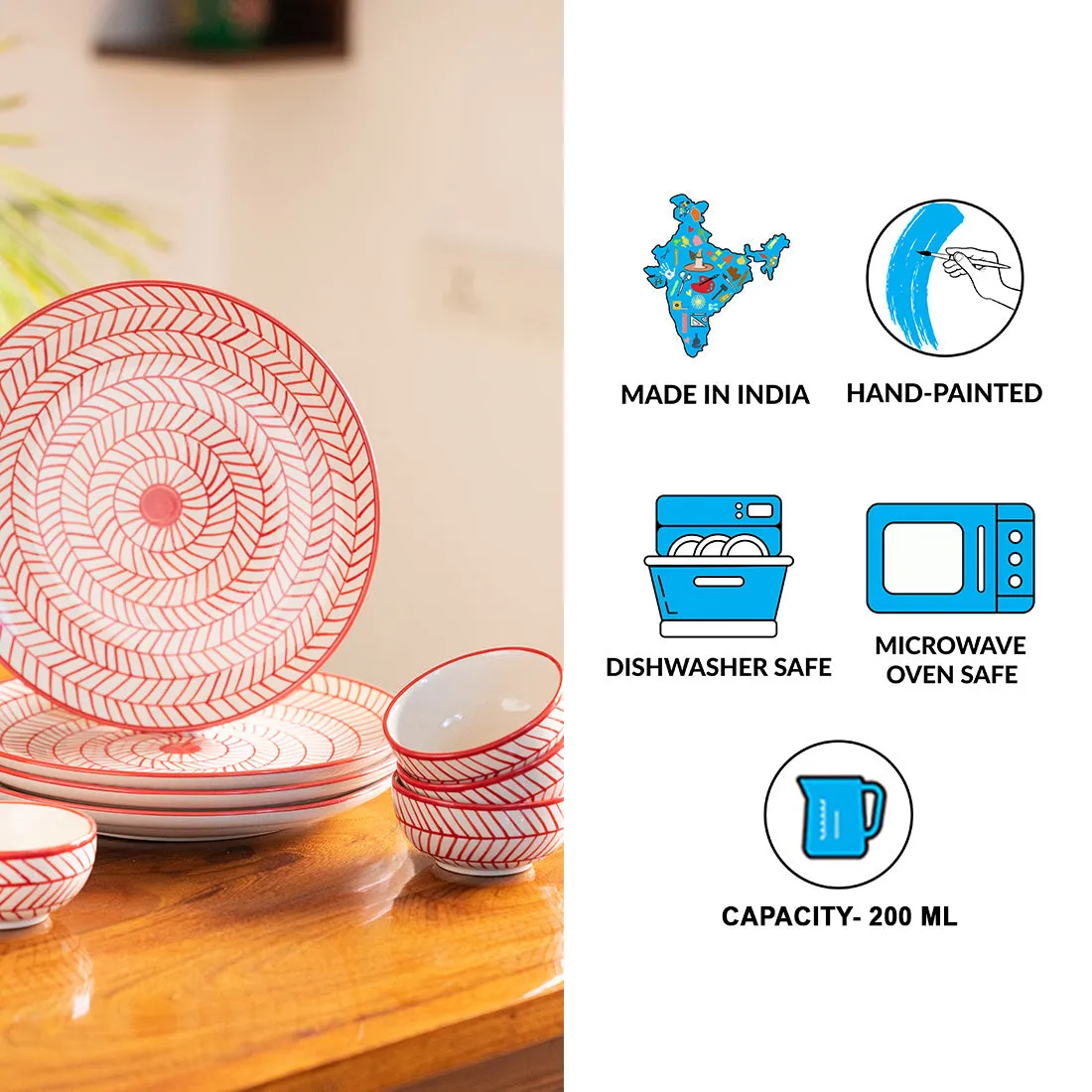 Red Chevrons' Hand-Painted Ceramic Dinner Plates With Dinner Katoris (8 Pieces | Serving for 4 | Microwave Safe)