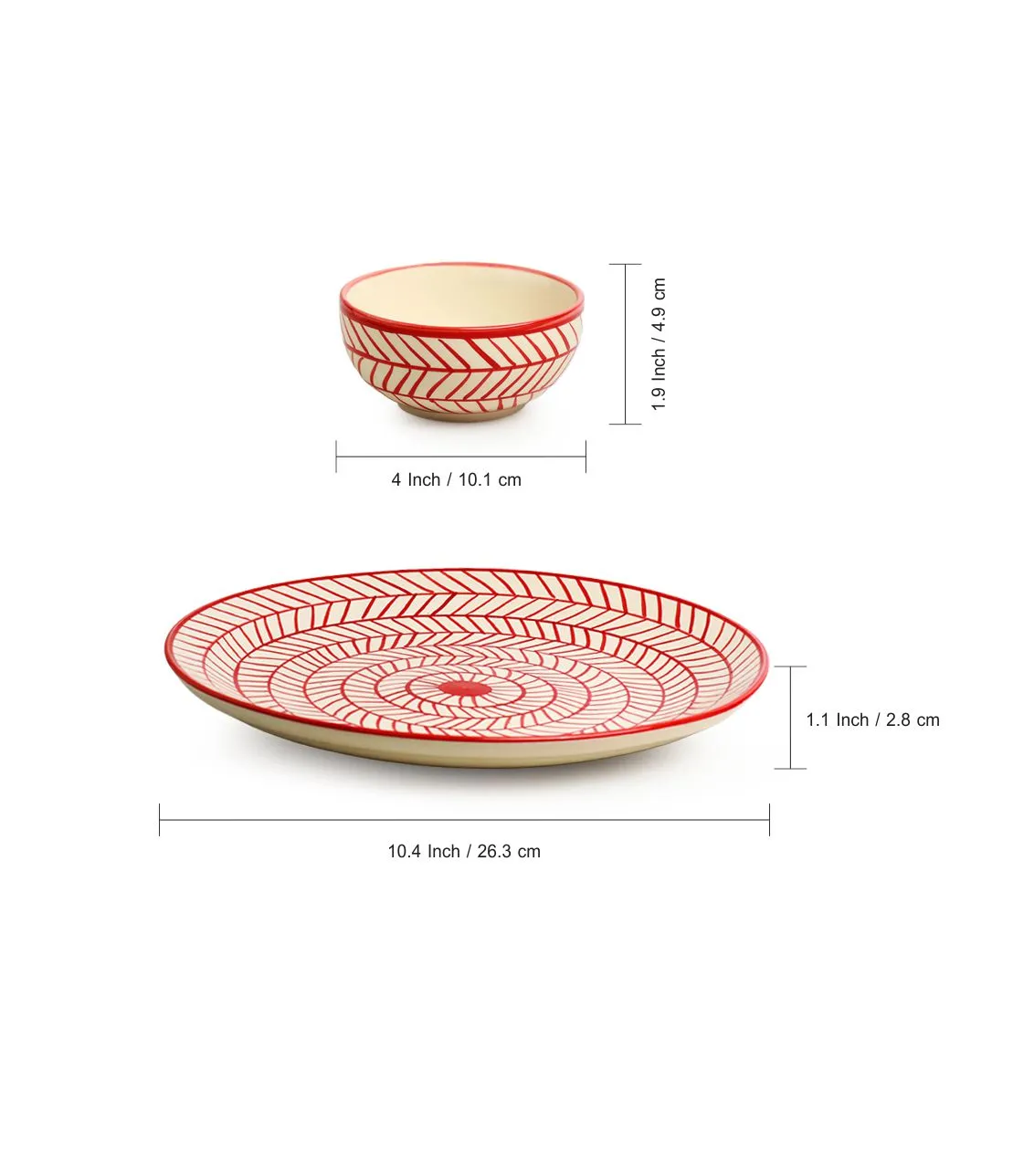 Red Chevrons' Hand-Painted Ceramic Dinner Plates With Dinner Katoris (8 Pieces | Serving for 4 | Microwave Safe)