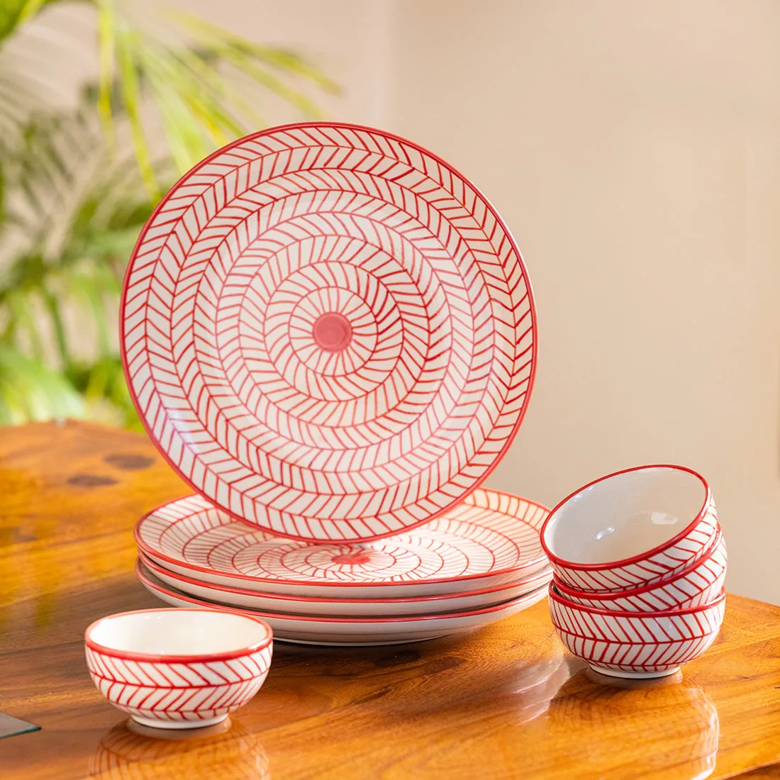 Red Chevrons' Hand-Painted Ceramic Dinner Plates With Dinner Katoris (8 Pieces | Serving for 4 | Microwave Safe)