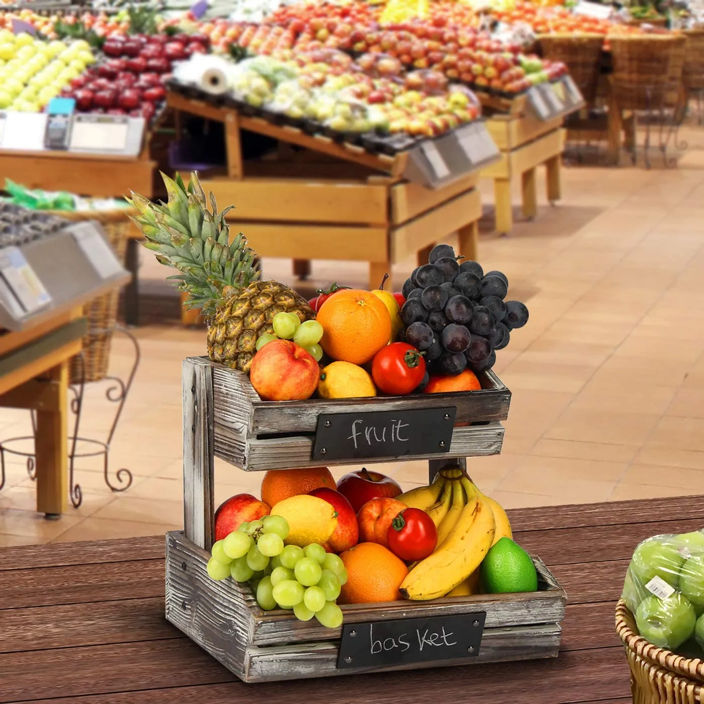 Rustic Wood 2 Tier Fruit Basket with Chalkboards