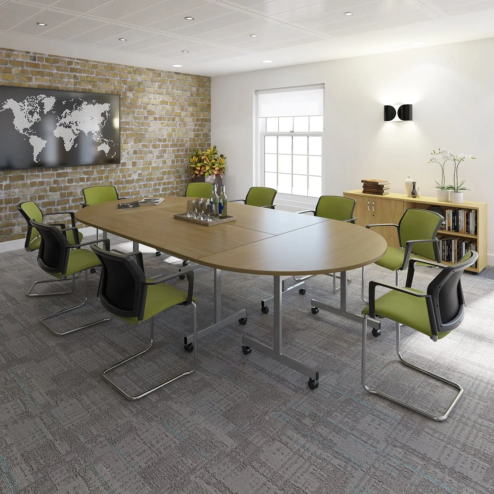 Semi circular fliptop meeting table with silver frame