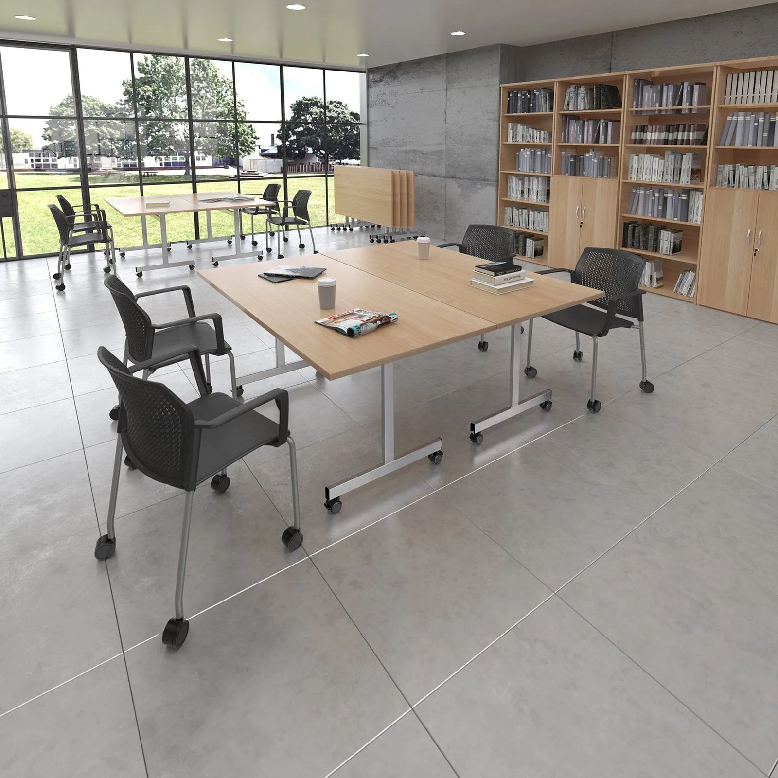 Semi circular fliptop meeting table with silver frame