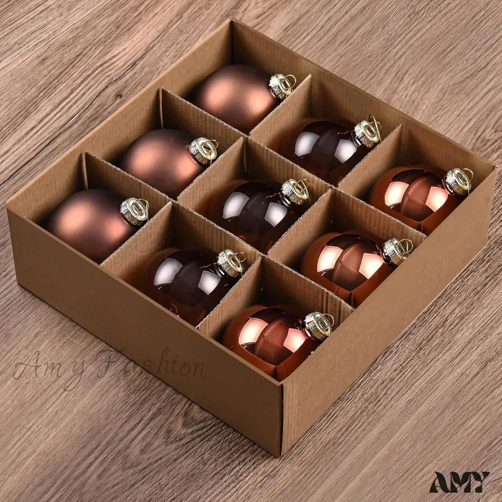 Set of 9 Brown Glass Christmas Ball Ornaments with Various Finishes