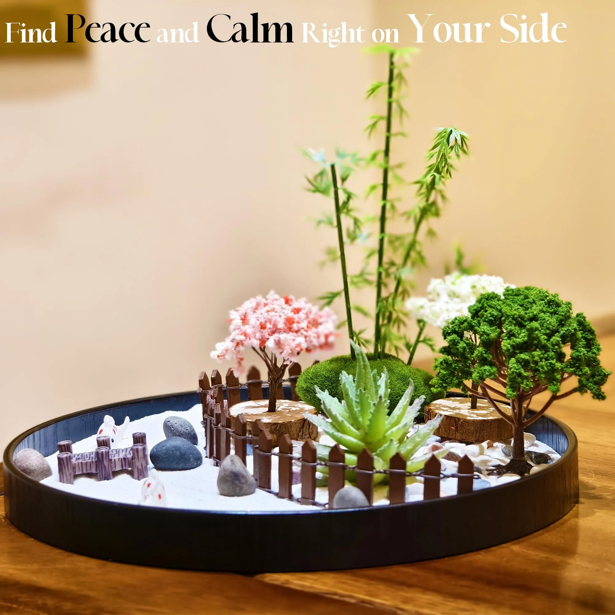 SOURMO Mini Round Zen Garden Kit for Office Desk, DIY Sand Garden for Tabletop, 9.4in Wood Tray Include Sand Rakes, Stone, Cherry Tree, Bamboo, Bridge, Lotus, and More (Forest)