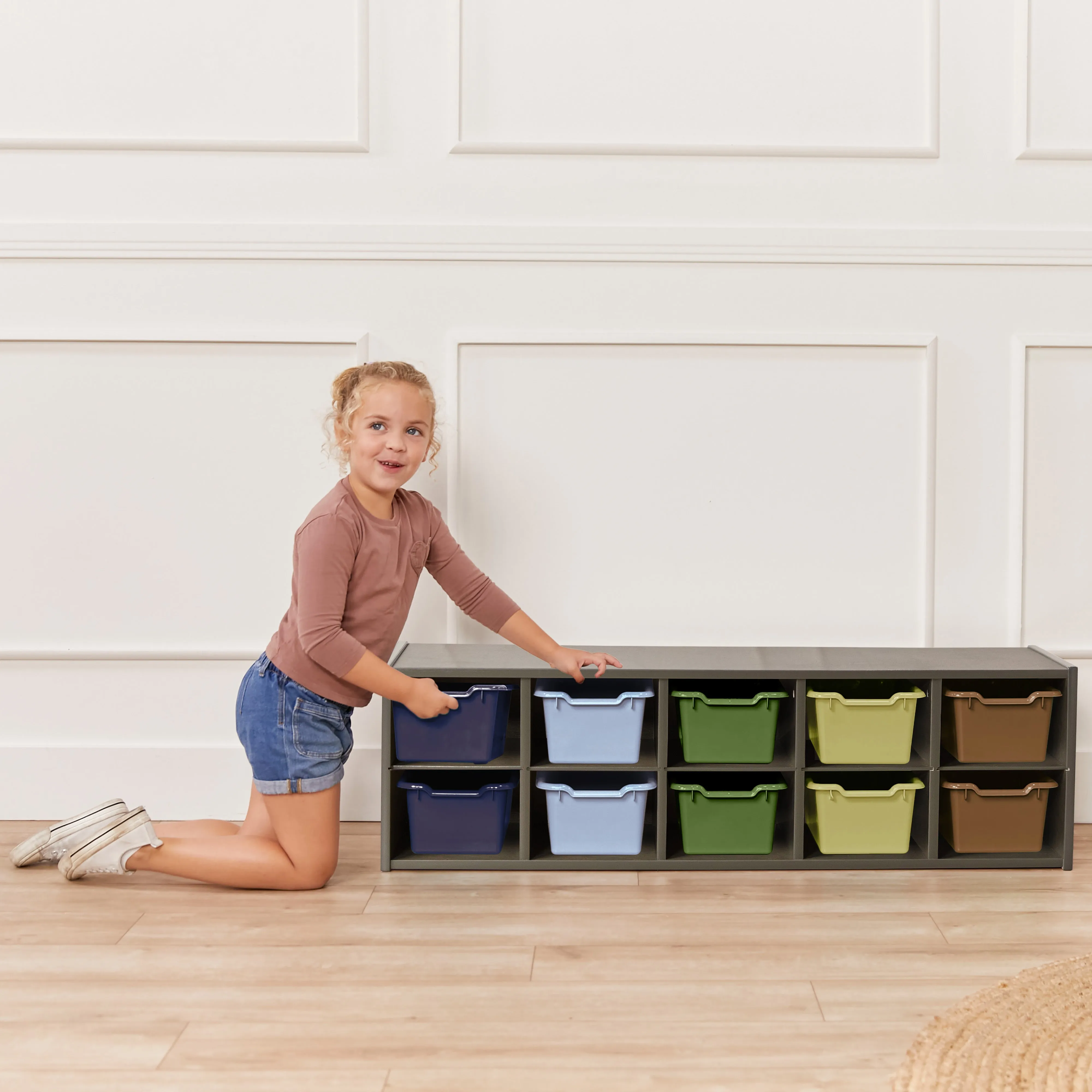 Streamline 10 Cubby Tray Cabinet with Scoop Front Storage Bins, 2x5, Grey Wash, Classroom Furniture