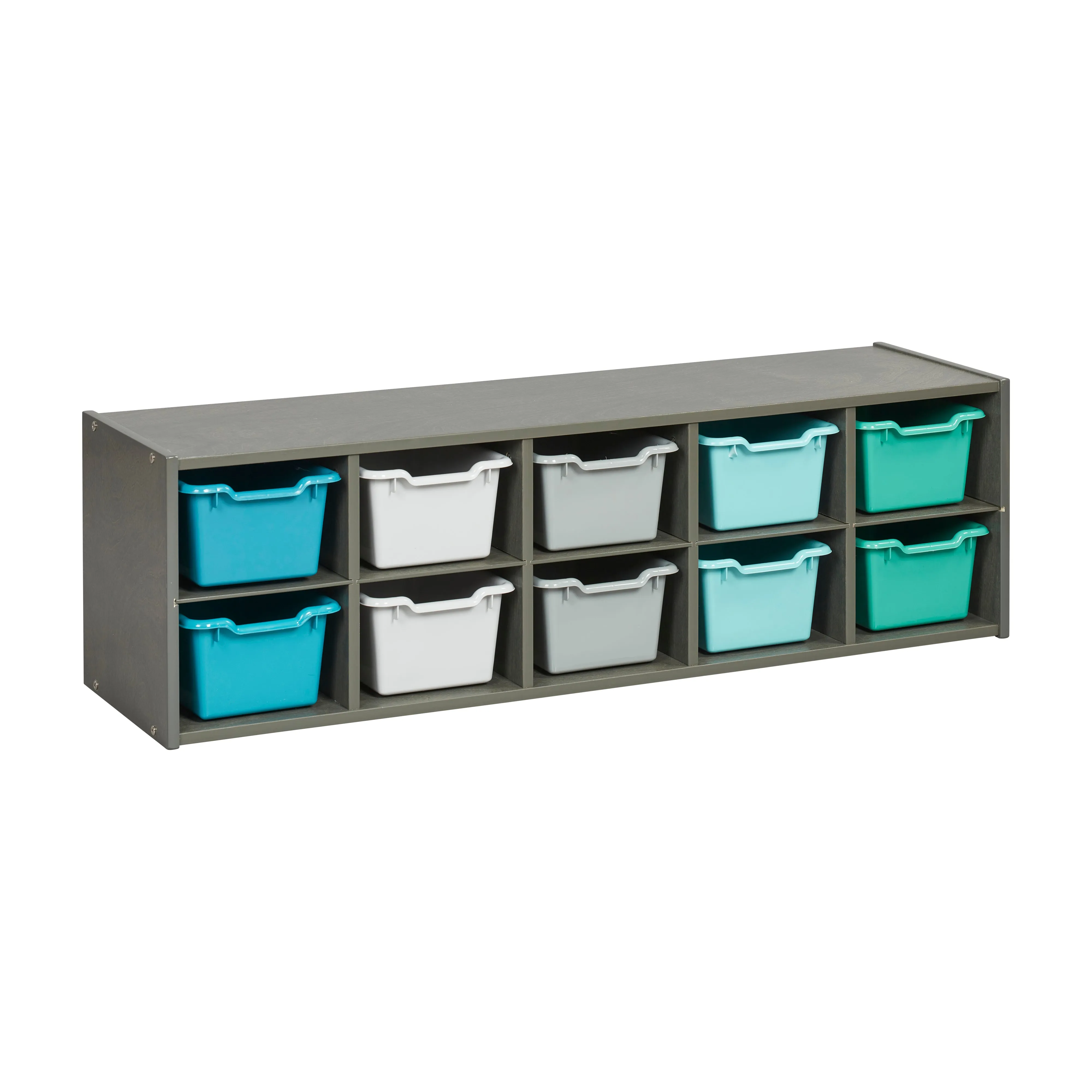 Streamline 10 Cubby Tray Cabinet with Scoop Front Storage Bins, 2x5, Grey Wash, Classroom Furniture