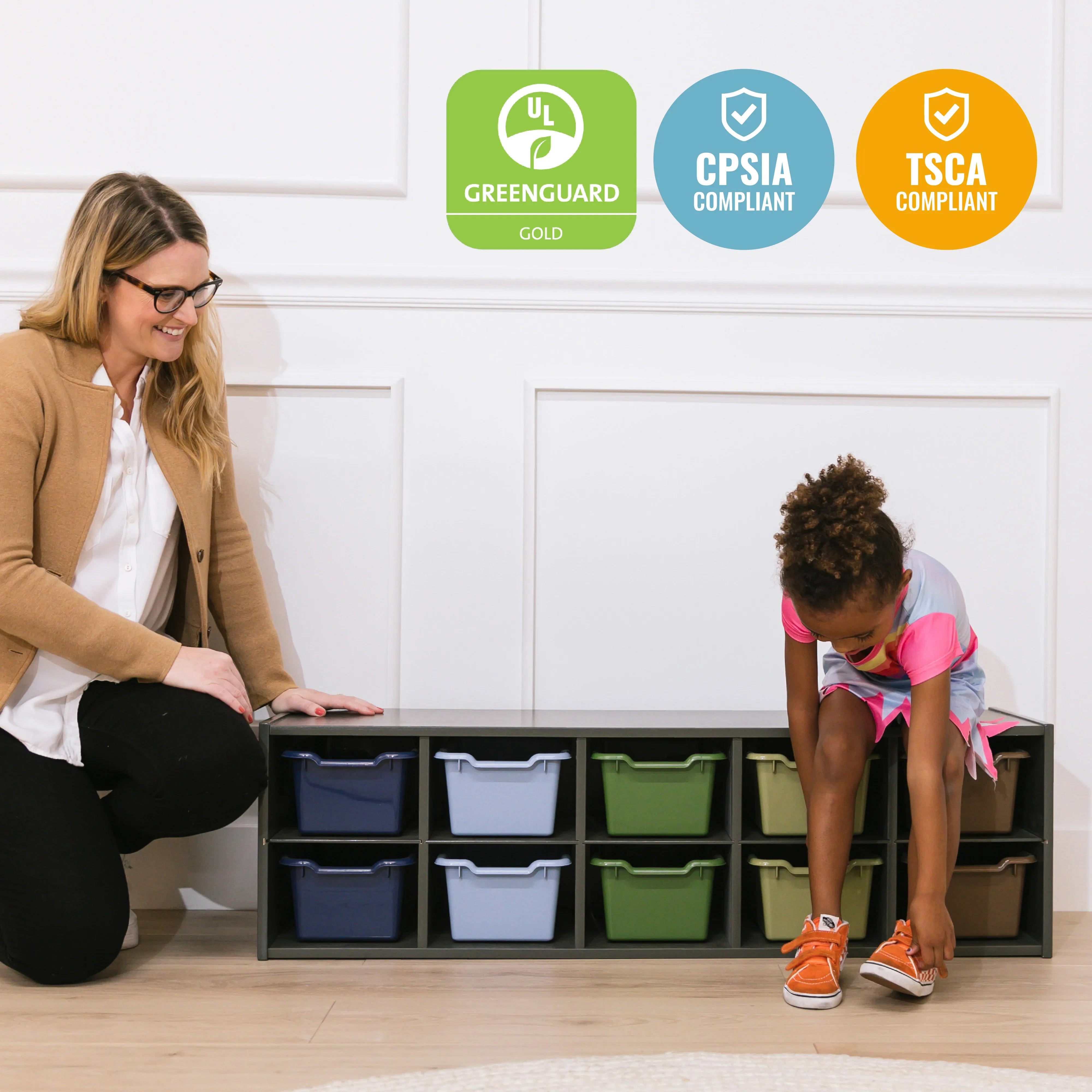 Streamline 10 Cubby Tray Cabinet with Scoop Front Storage Bins, 2x5, Grey Wash, Classroom Furniture