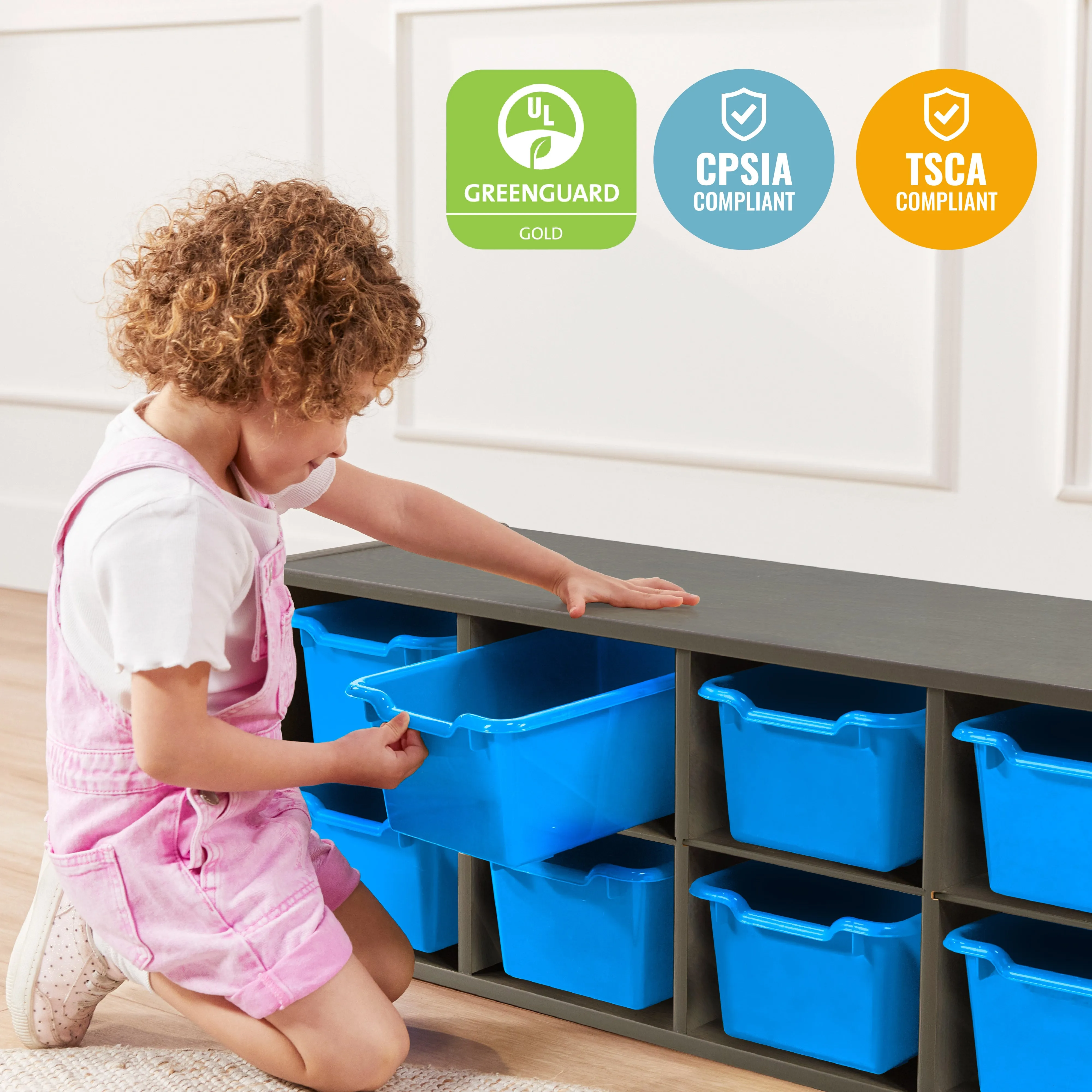 Streamline 10 Cubby Tray Cabinet with Scoop Front Storage Bins, 2x5, Grey Wash, Classroom Furniture