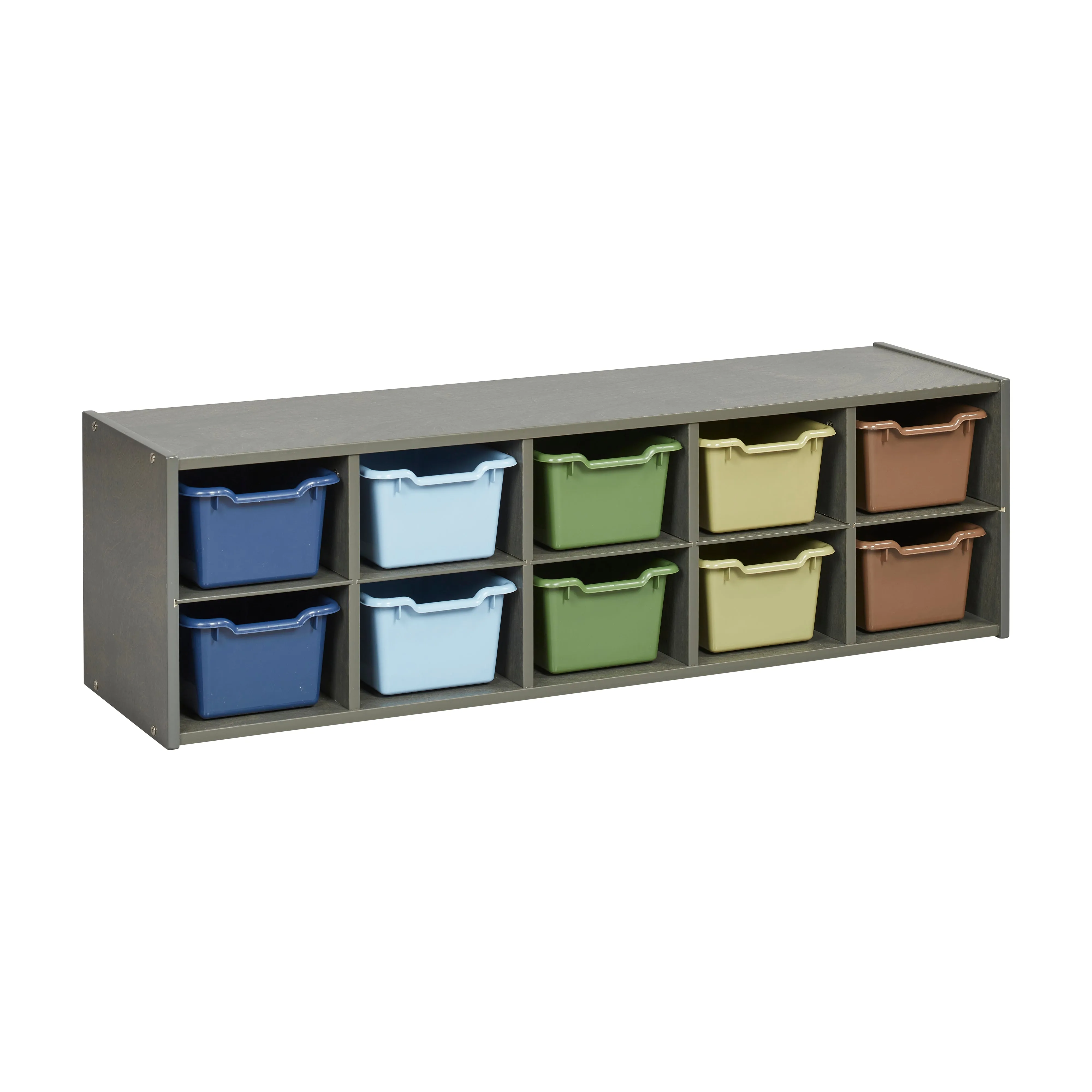 Streamline 10 Cubby Tray Cabinet with Scoop Front Storage Bins, 2x5, Grey Wash, Classroom Furniture