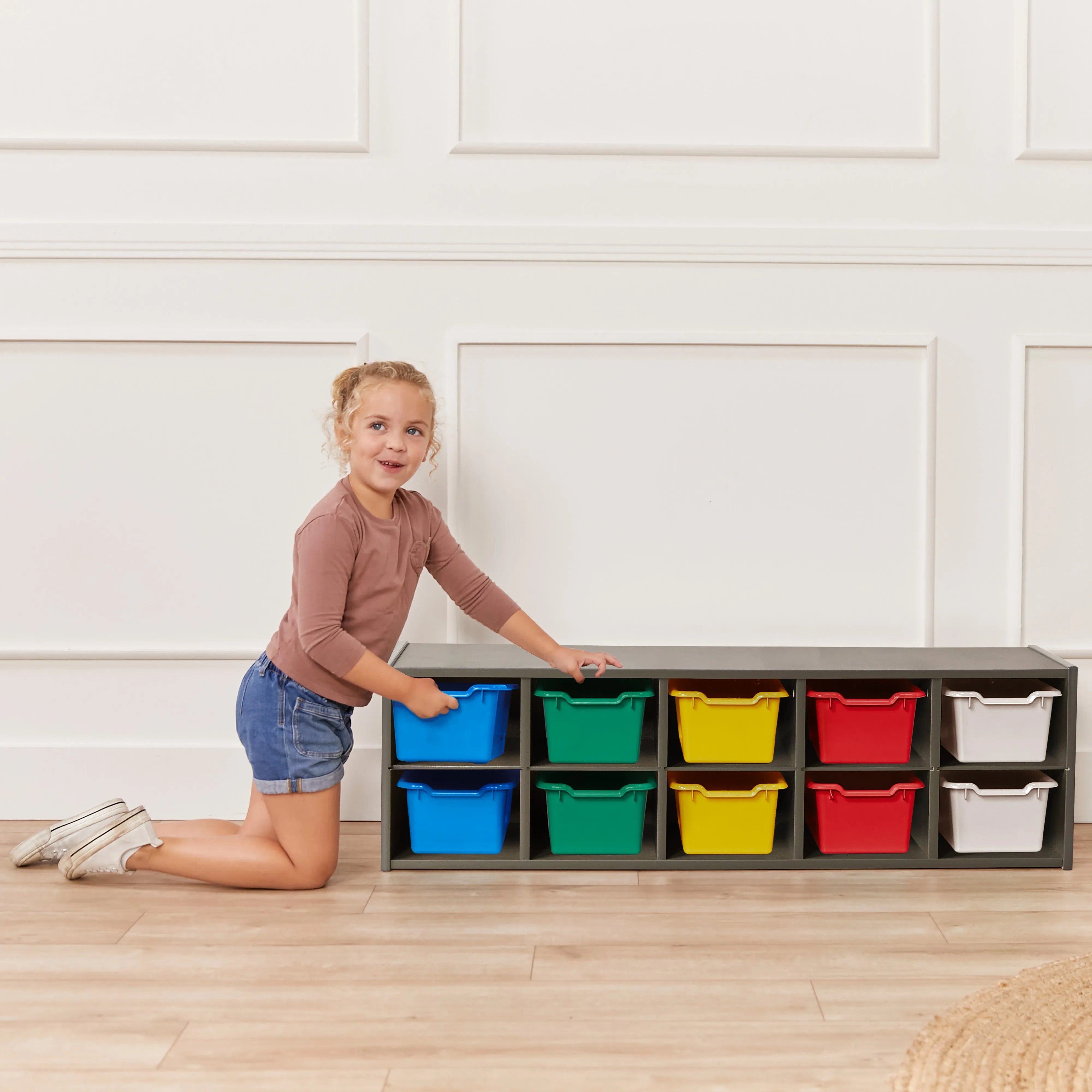 Streamline 10 Cubby Tray Cabinet with Scoop Front Storage Bins, 2x5, Grey Wash, Classroom Furniture