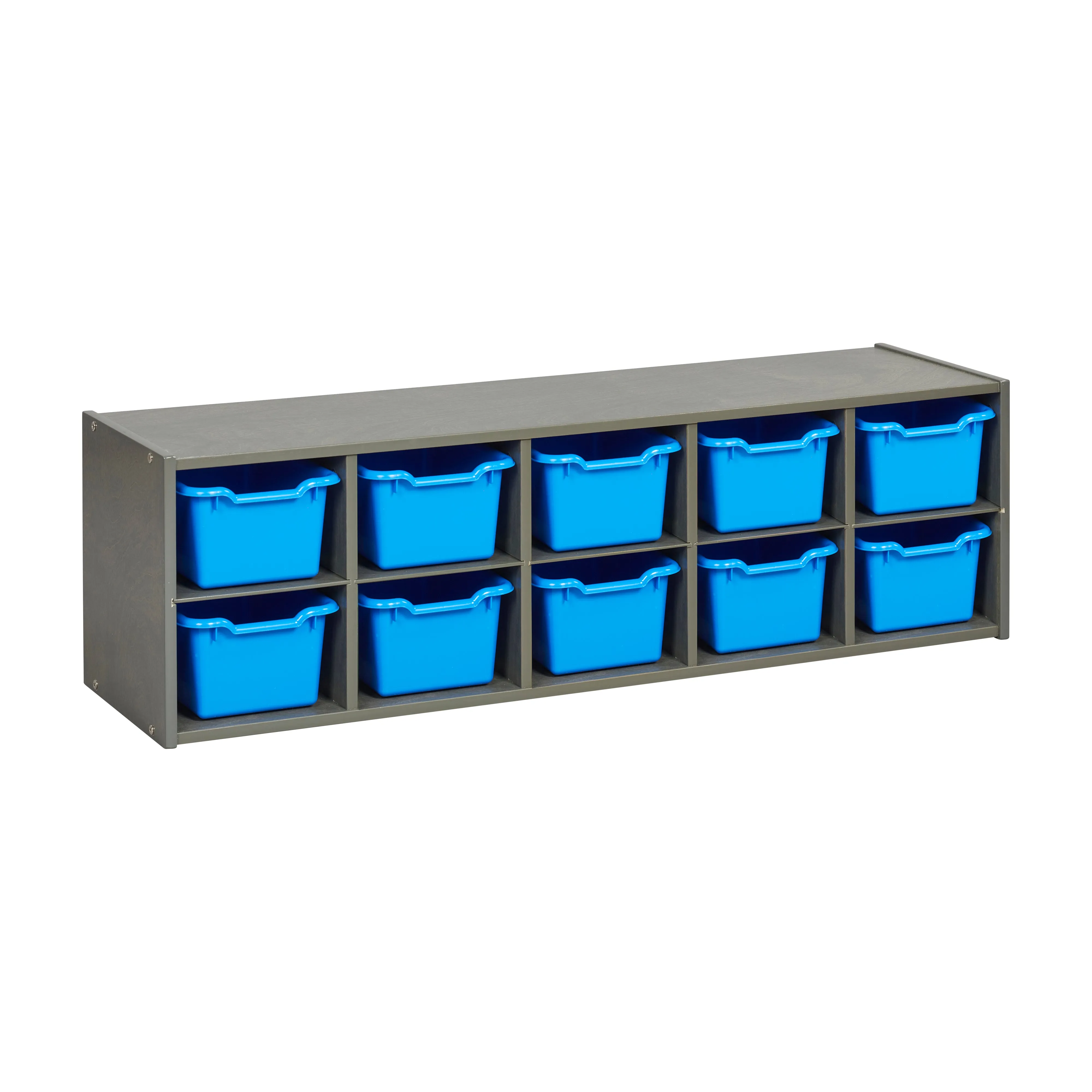 Streamline 10 Cubby Tray Cabinet with Scoop Front Storage Bins, 2x5, Grey Wash, Classroom Furniture