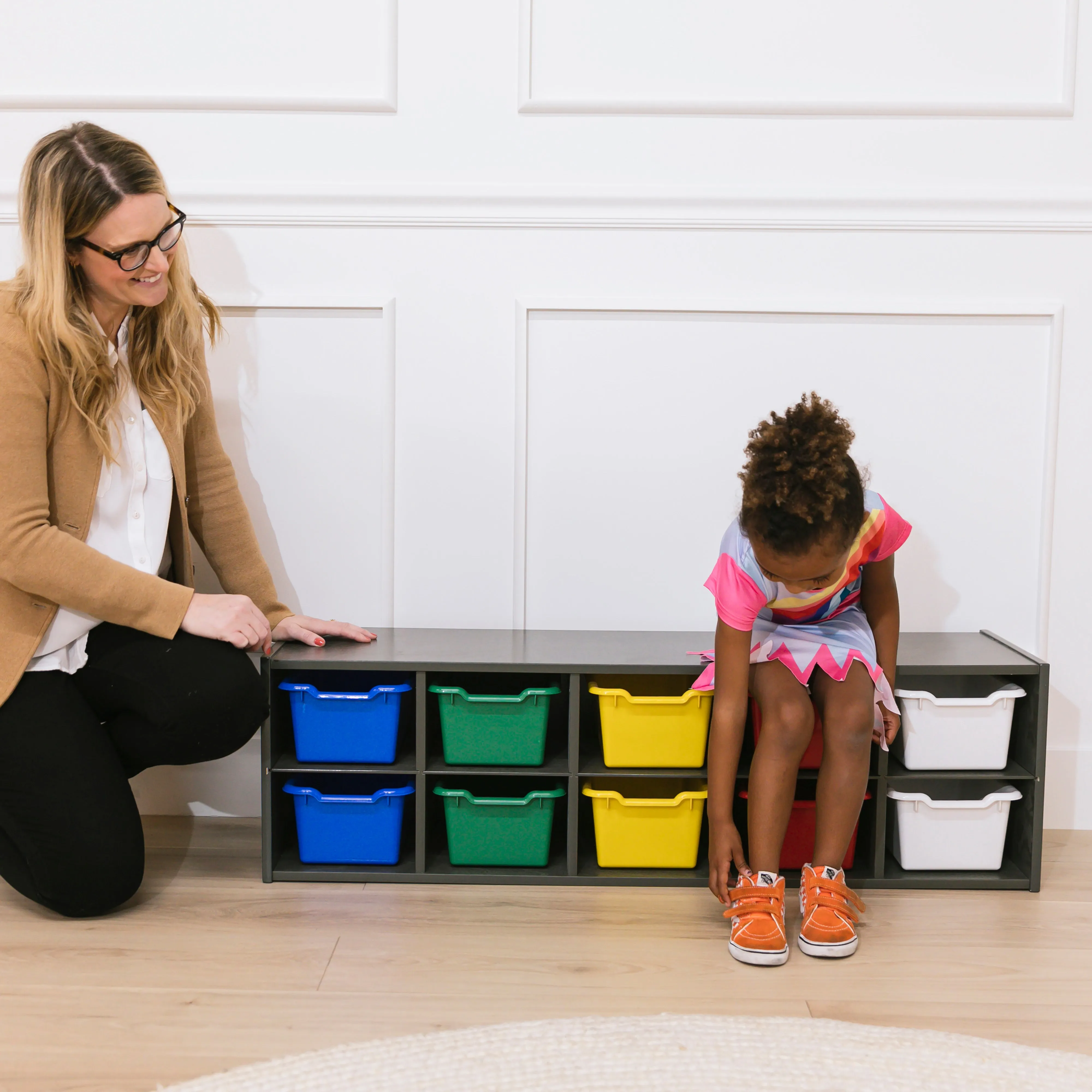 Streamline 10 Cubby Tray Cabinet with Scoop Front Storage Bins, 2x5, Grey Wash, Classroom Furniture