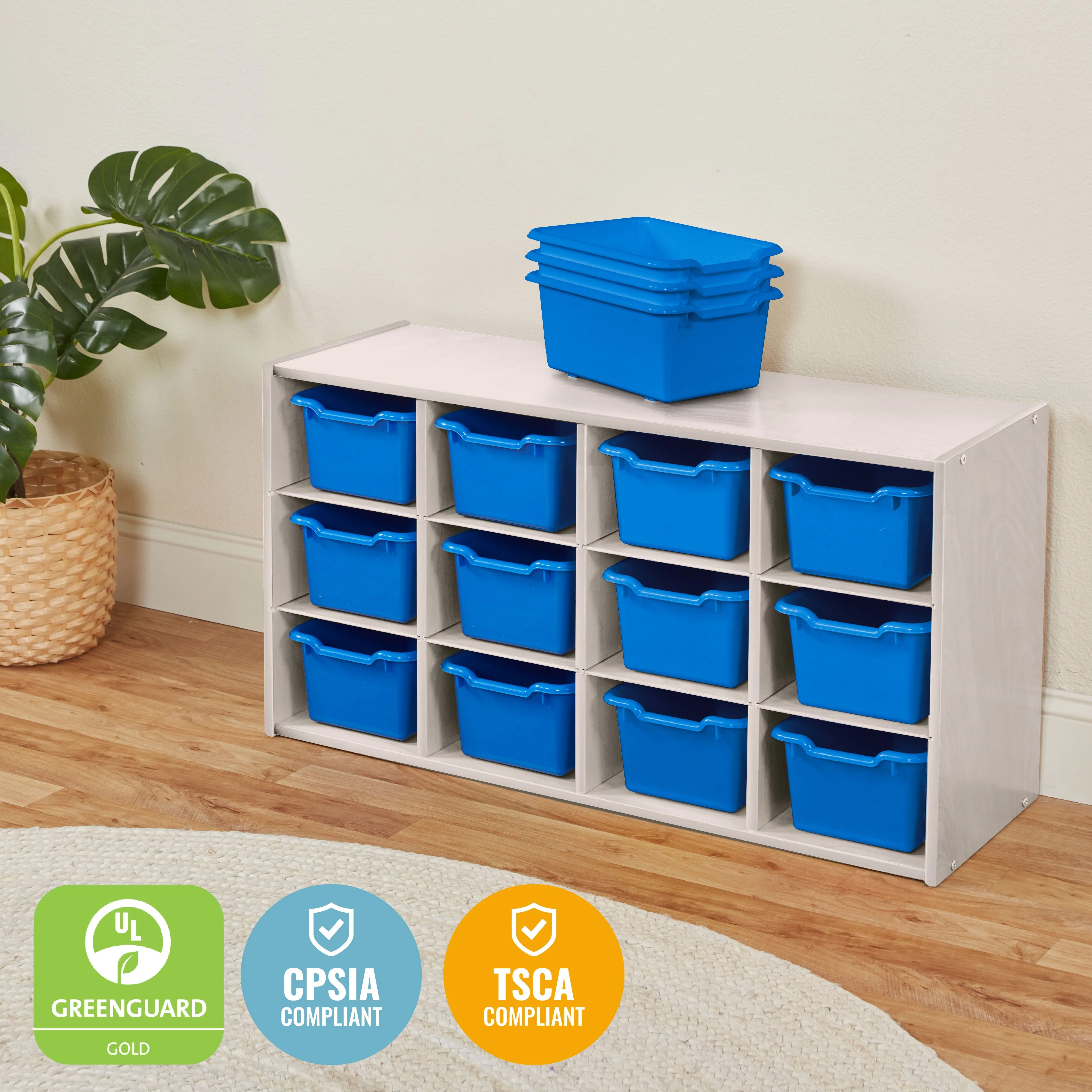 Streamline 12 Cubby Tray Cabinet with Scoop Front Storage Bins, 3x4, White Wash, Classroom Furniture