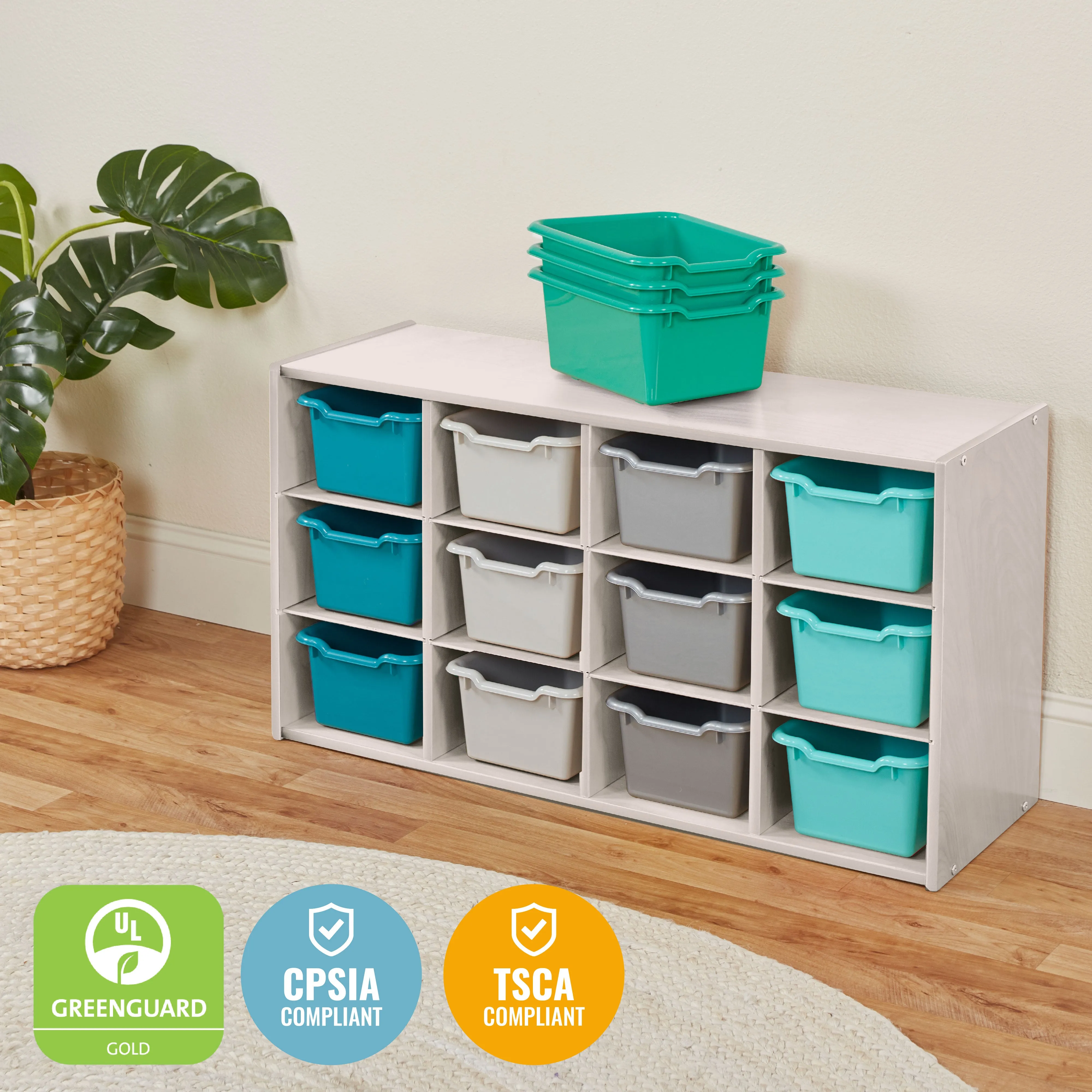 Streamline 12 Cubby Tray Cabinet with Scoop Front Storage Bins, 3x4, White Wash, Classroom Furniture