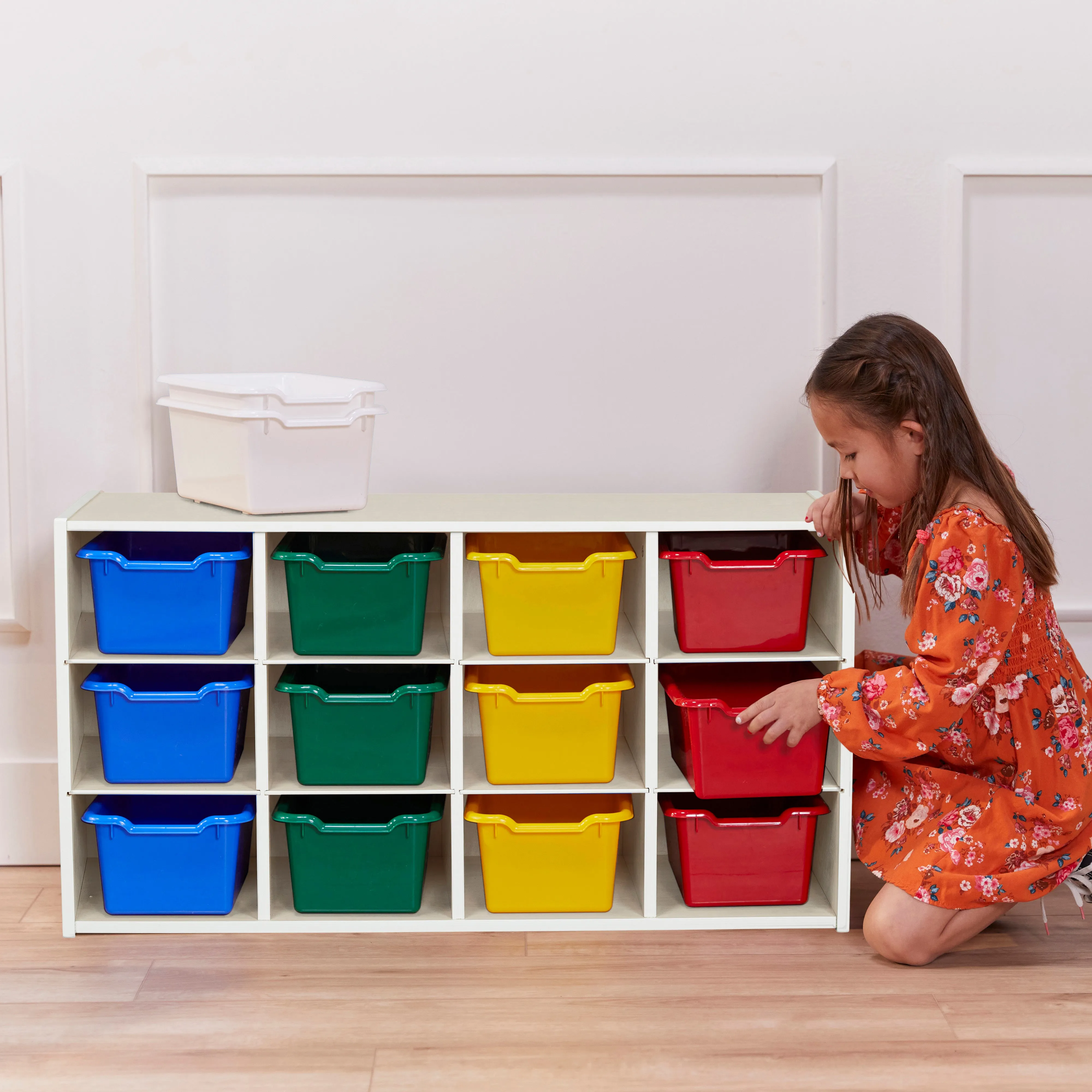 Streamline 12 Cubby Tray Cabinet with Scoop Front Storage Bins, 3x4, White Wash, Classroom Furniture