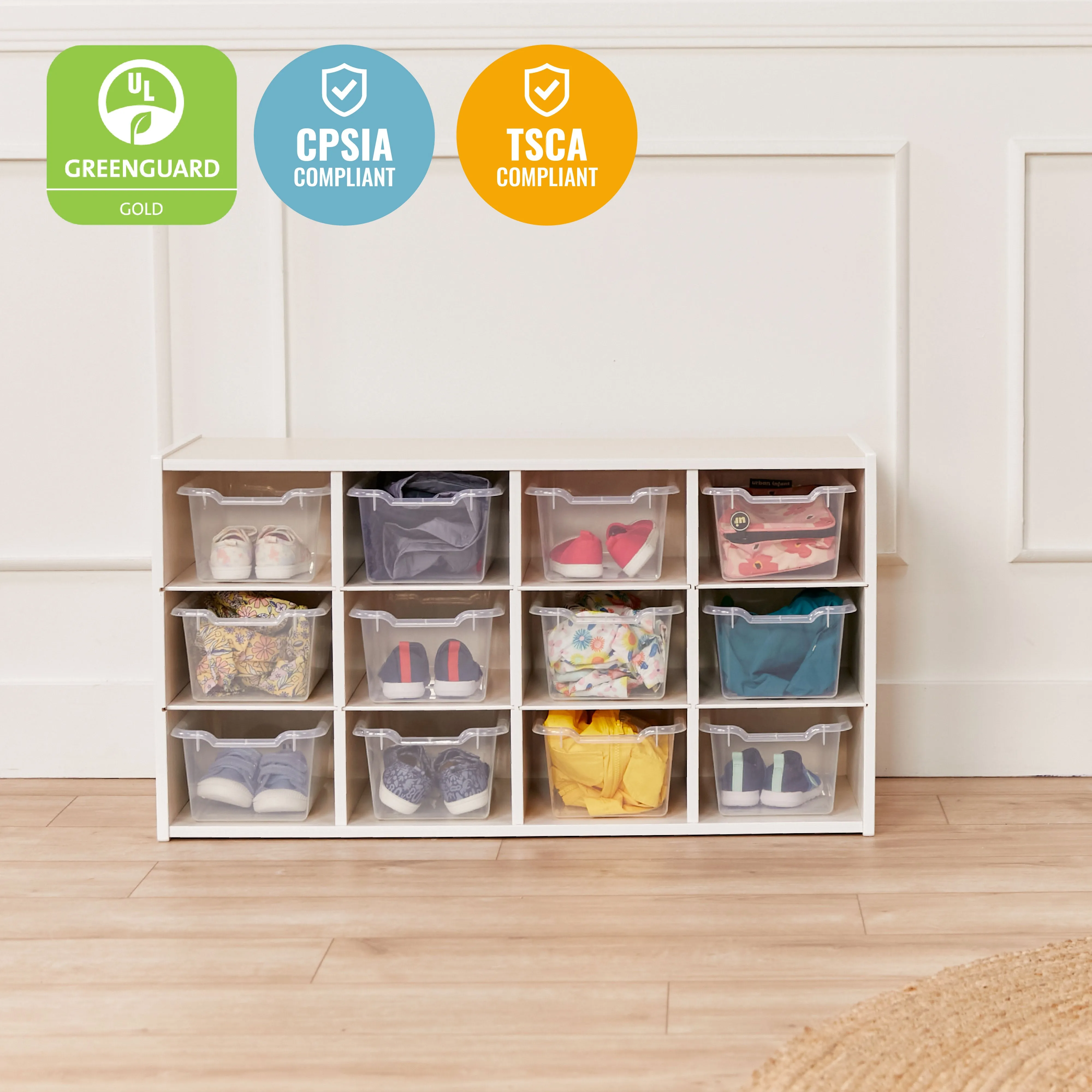 Streamline 12 Cubby Tray Cabinet with Scoop Front Storage Bins, 3x4, White Wash, Classroom Furniture