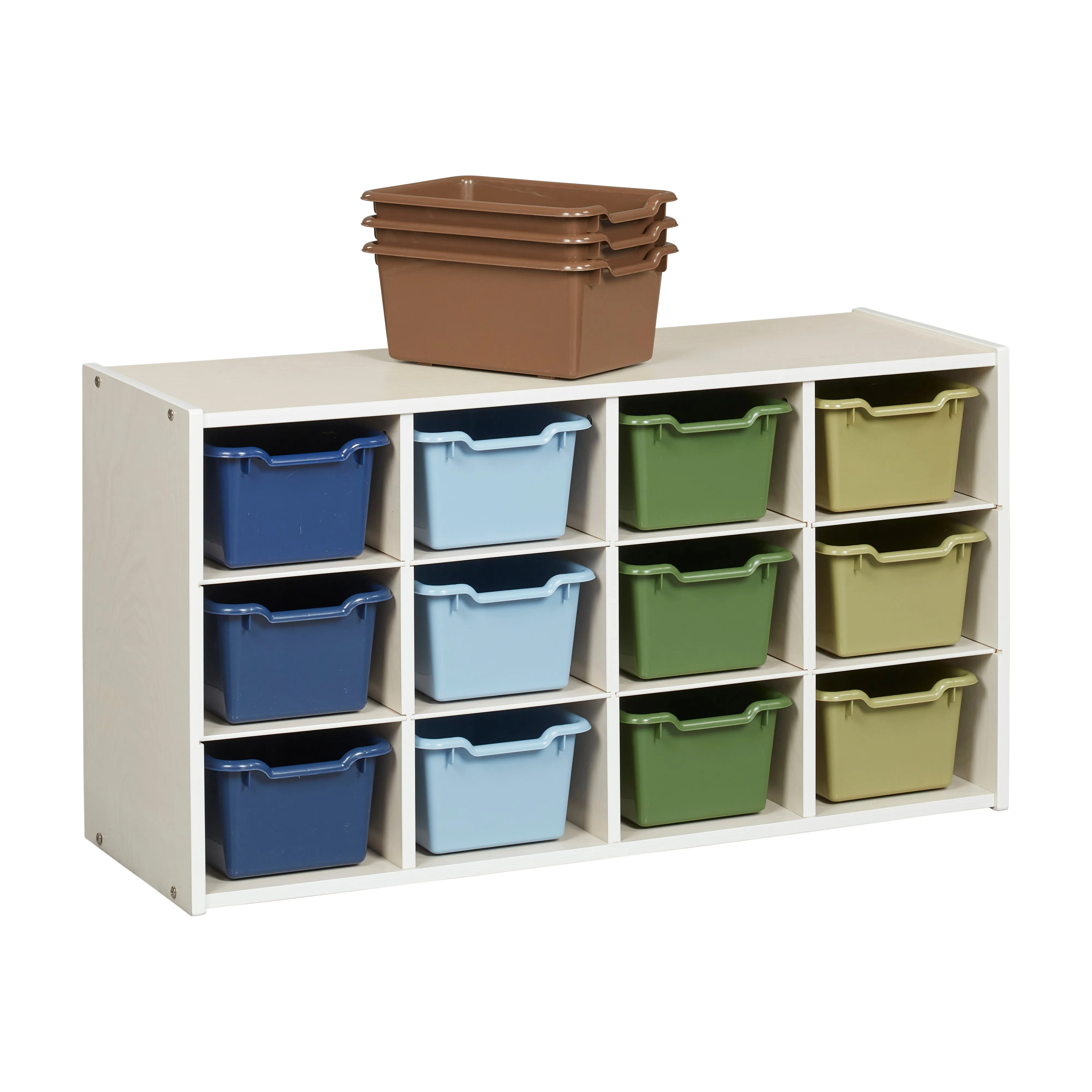 Streamline 12 Cubby Tray Cabinet with Scoop Front Storage Bins, 3x4, White Wash, Classroom Furniture