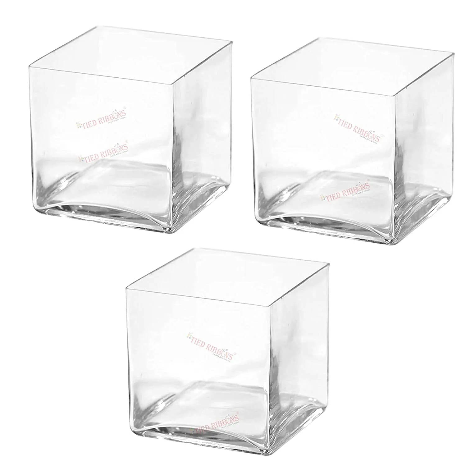 TIED RIBBONS Set of 3 Square Glass Vases for Plants Flowers Home Decor, Wedding Decoration, Without Flower (7.6 X 7.6 cm, Clear)