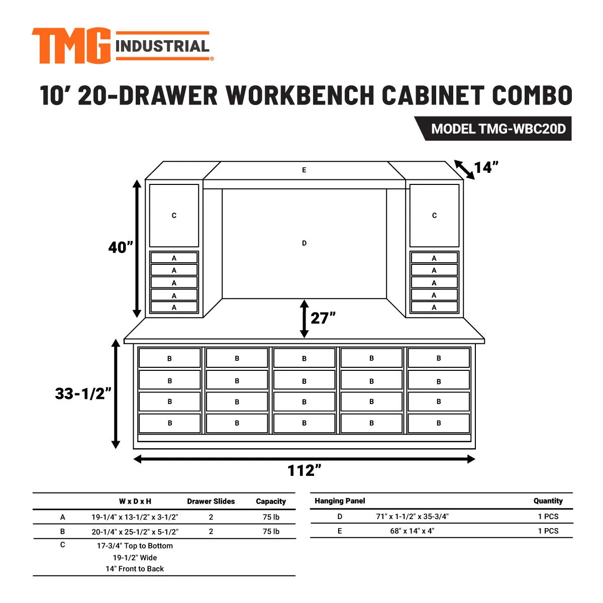 TMG-WBC20D 10' 20-Drawer Workbench Cabinet Combo with Stainless Steel Drawer Panels