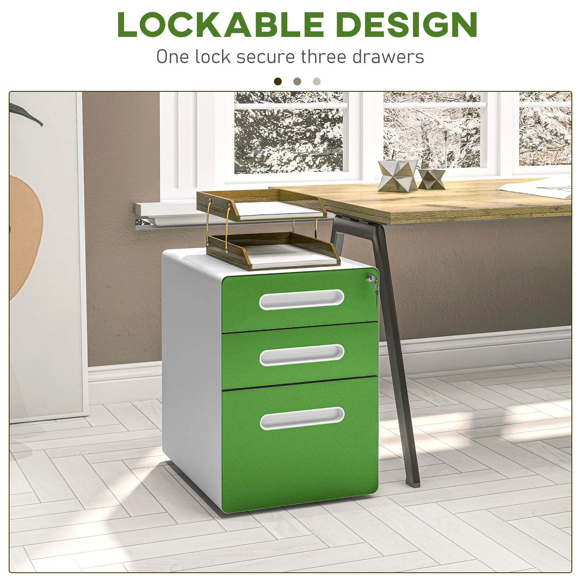 Vinsetto 3 Drawer Modern Steel Filing Cabinet w/ 4 Wheels Lock Box Green