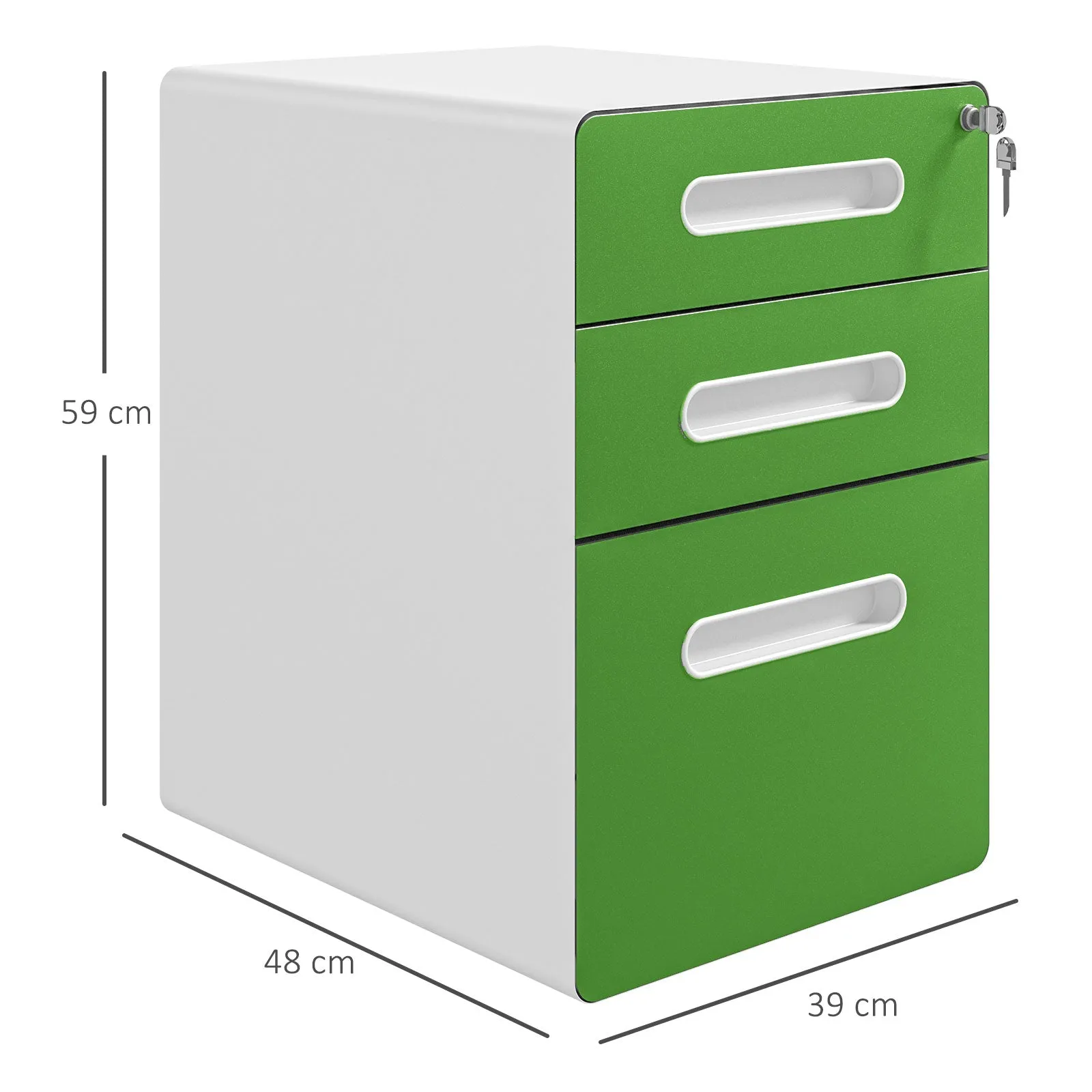 Vinsetto 3 Drawer Modern Steel Filing Cabinet w/ 4 Wheels Lock Box Green