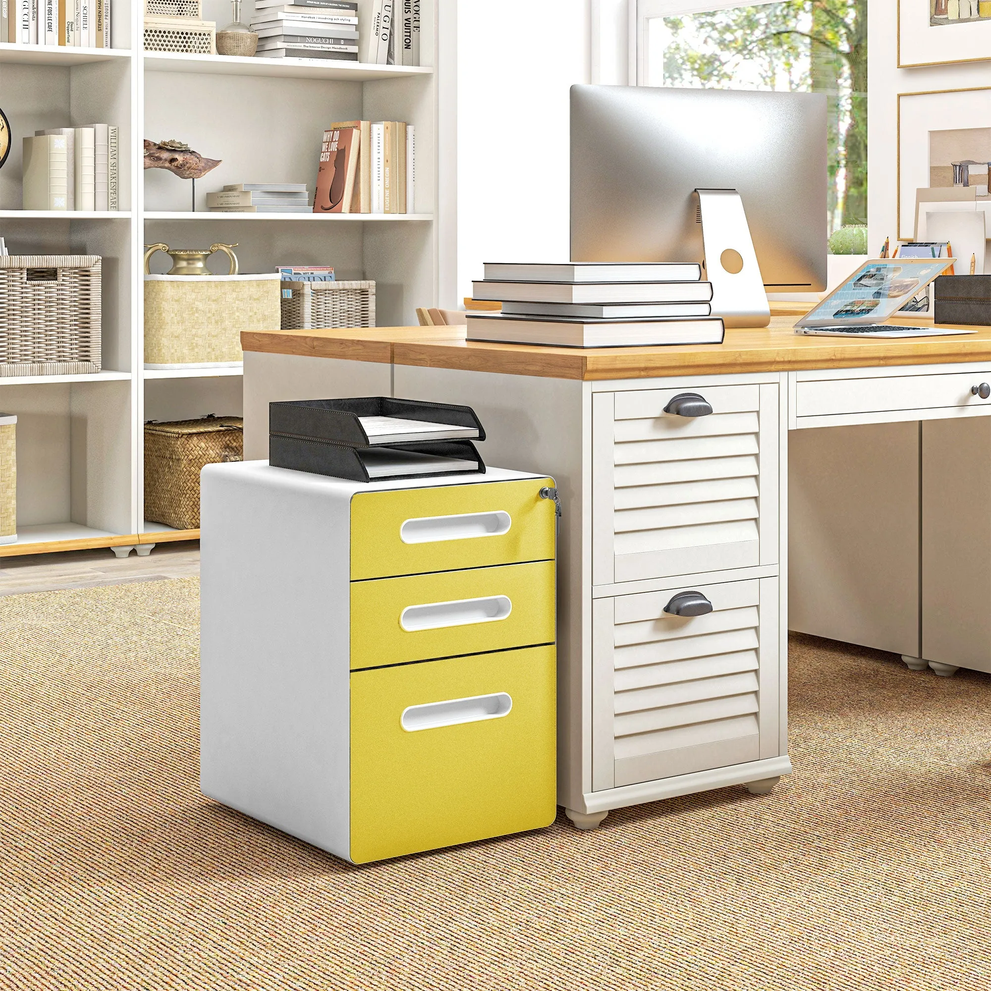 Vinsetto 3 Drawer Modern Steel Filing Cabinet w/ 4 Wheels Lock Box Yellow