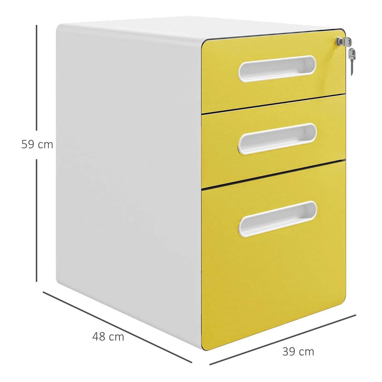 Vinsetto 3 Drawer Modern Steel Filing Cabinet w/ 4 Wheels Lock Box Yellow