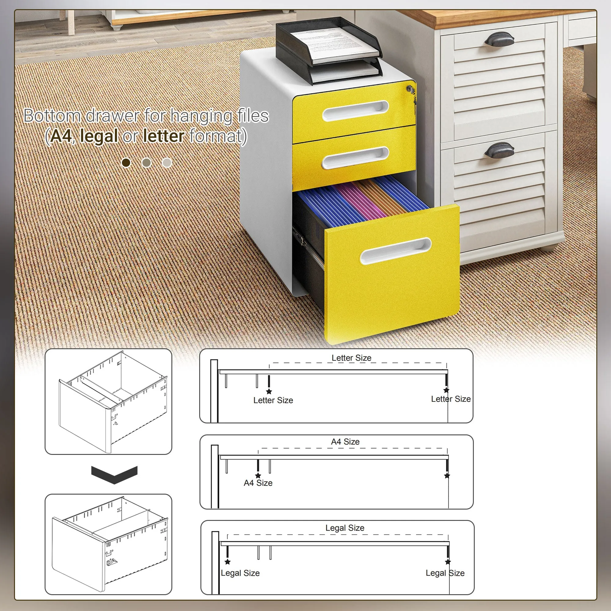 Vinsetto 3 Drawer Modern Steel Filing Cabinet w/ 4 Wheels Lock Box Yellow