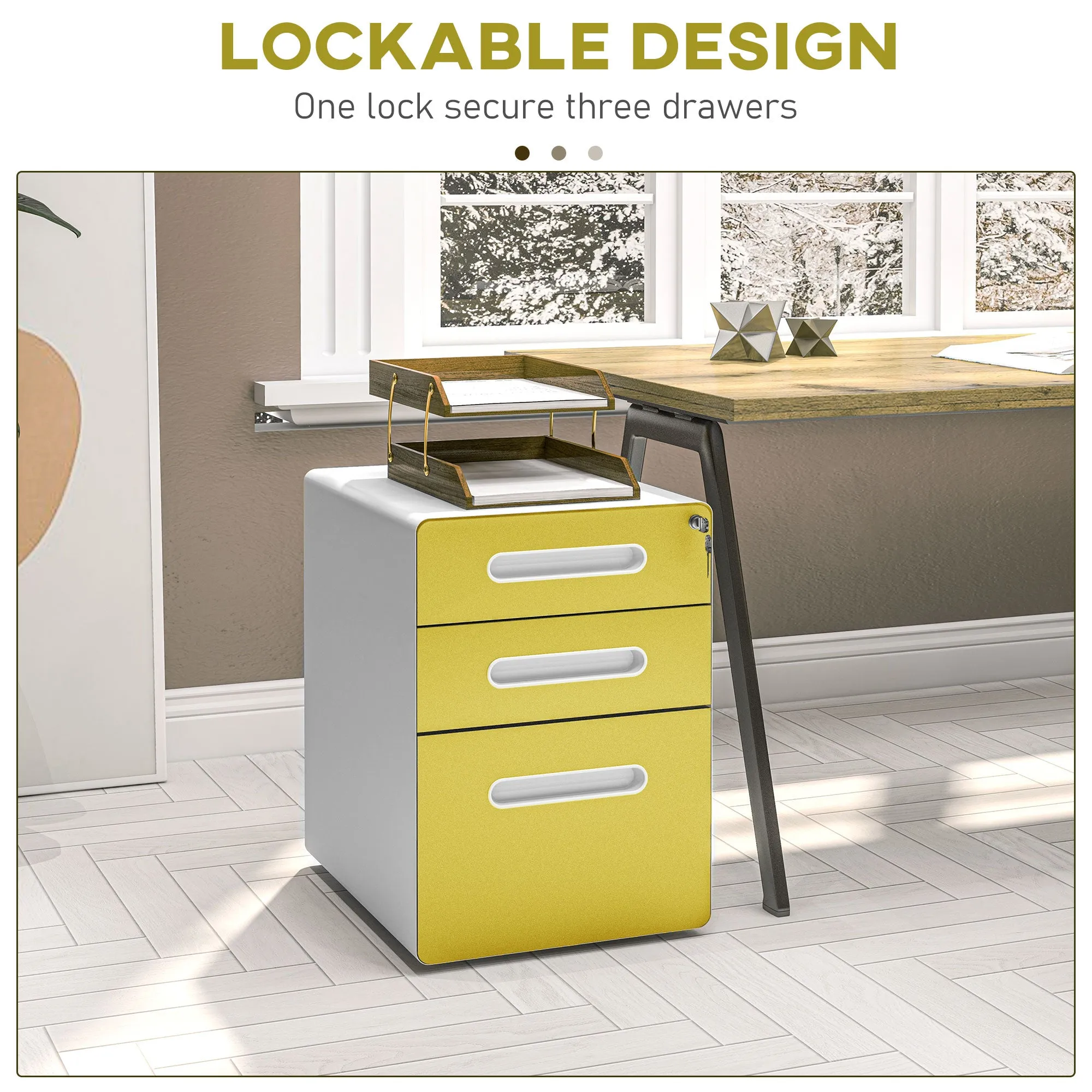 Vinsetto 3 Drawer Modern Steel Filing Cabinet w/ 4 Wheels Lock Box Yellow