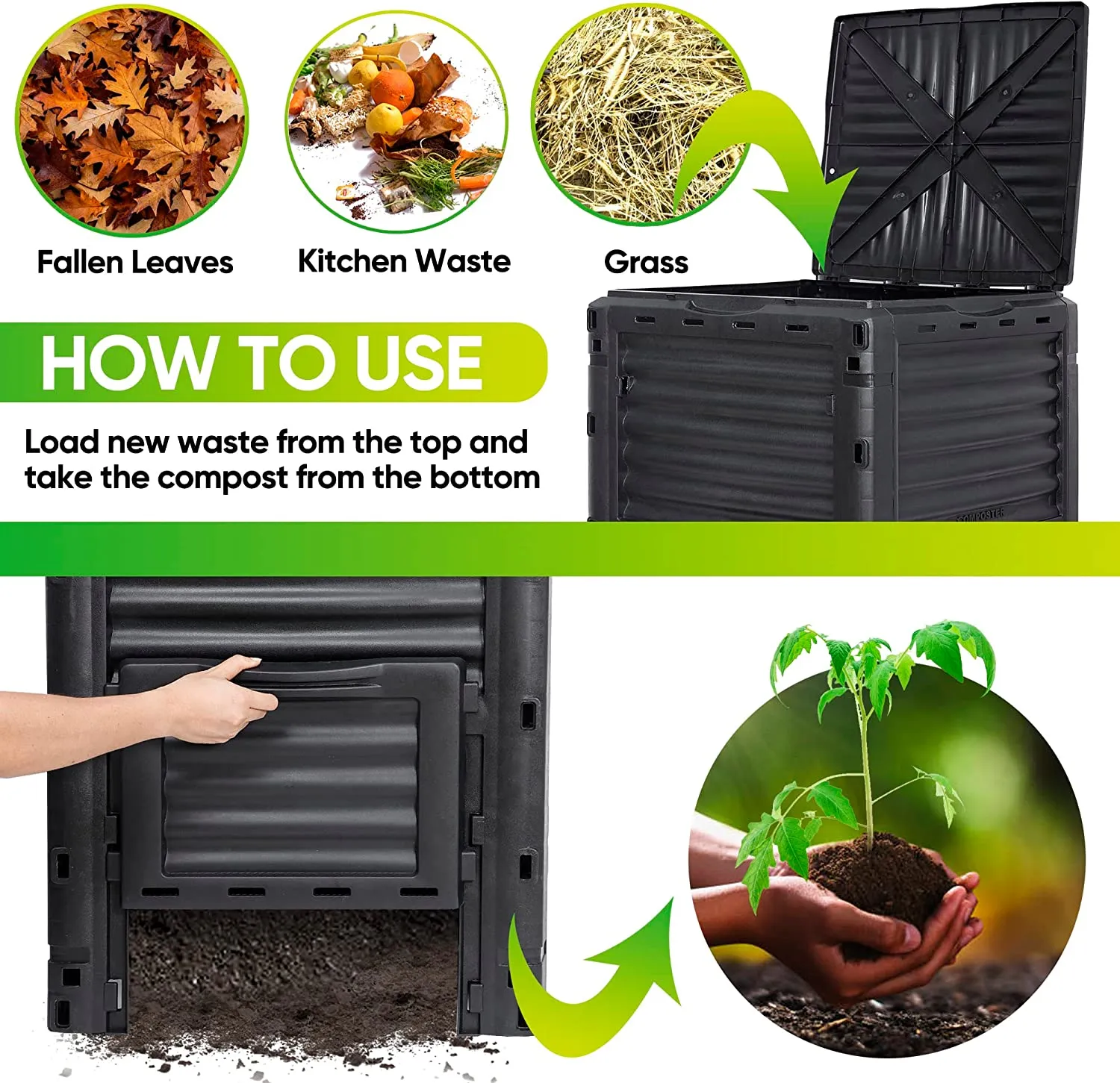 ZENY™ 80 Gallon (300L) Garden Compost Bin - Large Outdoor Composter from BPA-Free Material, Lightweight，Black