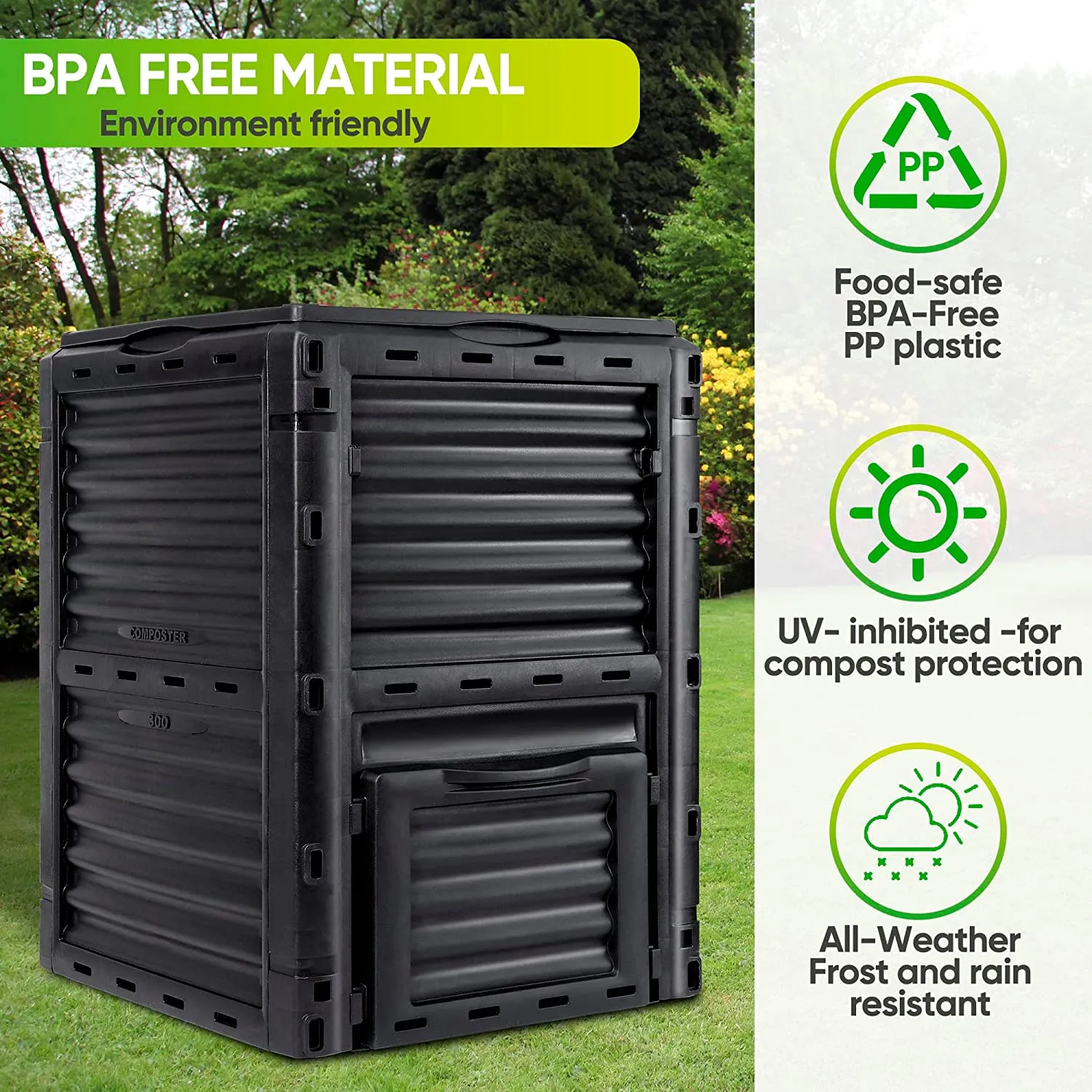 ZENY™ 80 Gallon (300L) Garden Compost Bin - Large Outdoor Composter from BPA-Free Material, Lightweight，Black