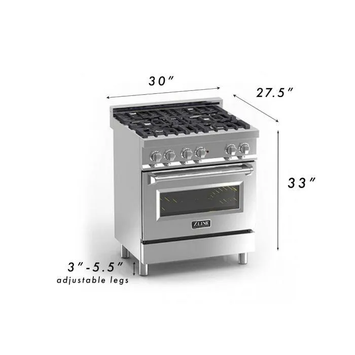 ZLINE 30" Kitchen Package Stainless Steel Dual Fuel Range and Over The Range Microwave with Traditional Handle