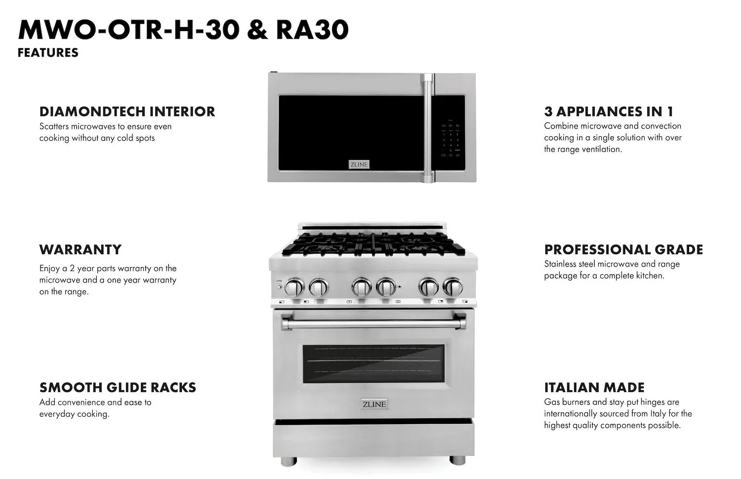 ZLINE 30" Kitchen Package Stainless Steel Dual Fuel Range and Over The Range Microwave with Traditional Handle